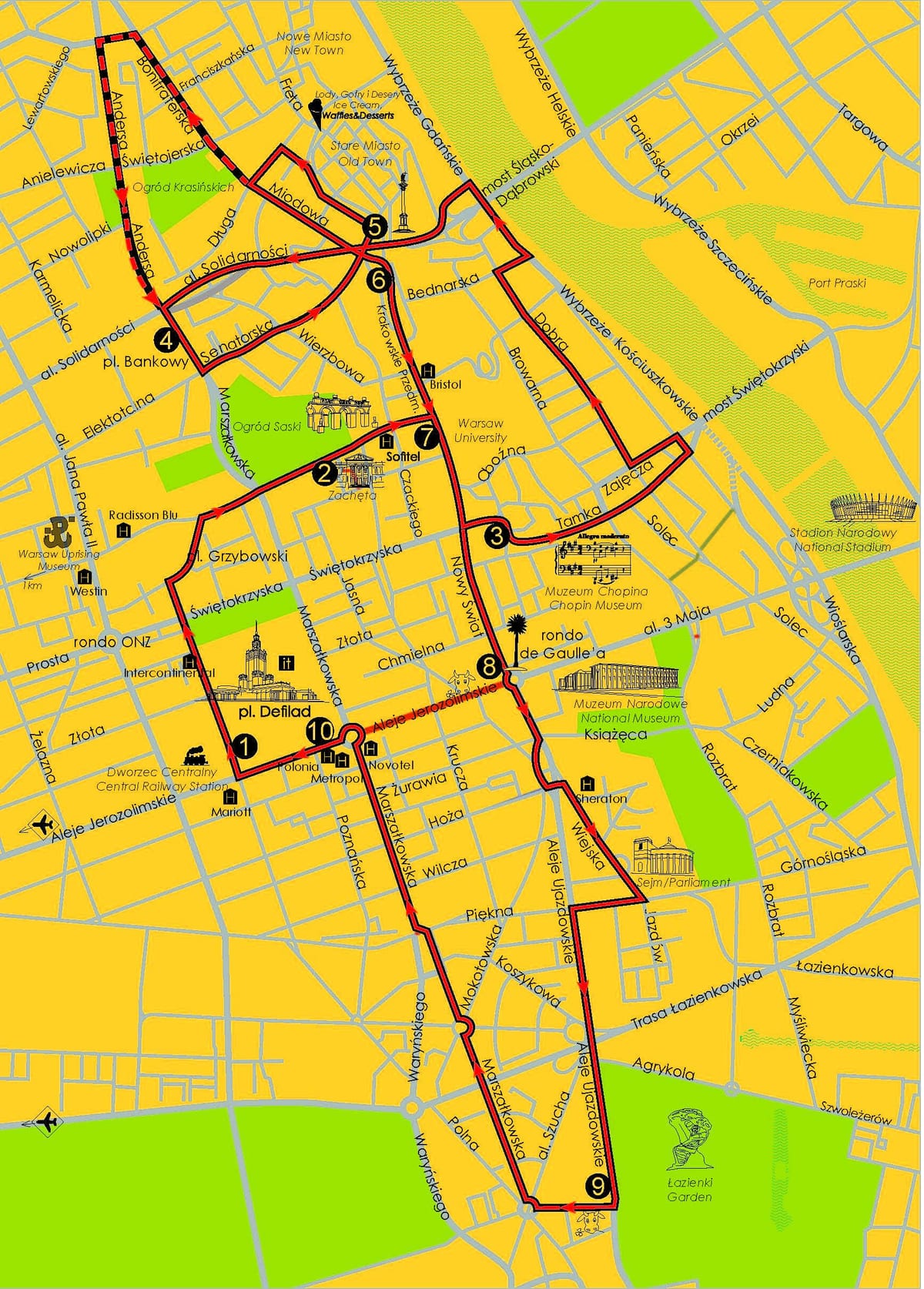 Kort af Varsjá hoppa á hop af strætó