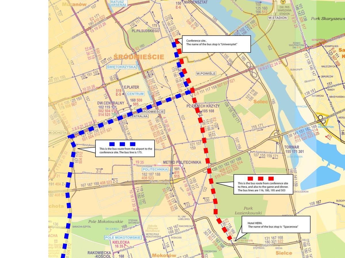 Kort af Varsjá strætó 175 leiðina 