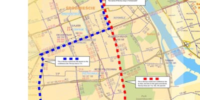 Kort af Varsjá strætó 175 leiðina 